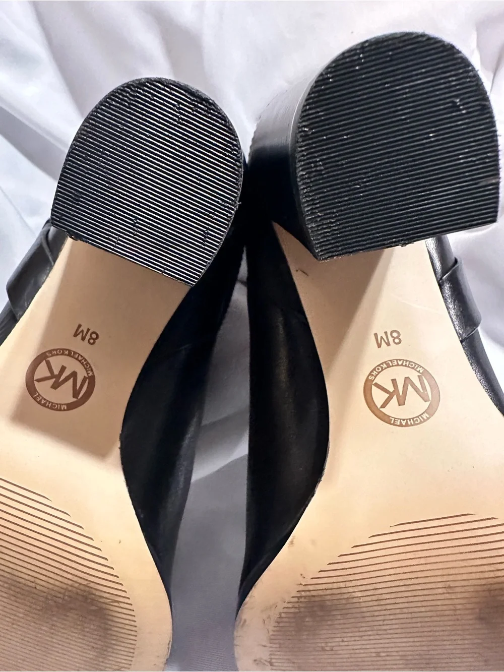 Michael Kors Black Leather & Suede Block Heel Ankle Boots with white MK Accent
